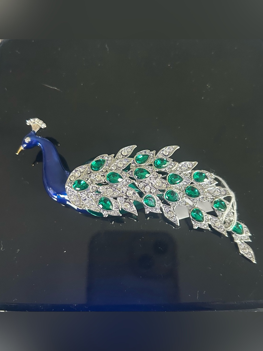 THE MET Peacock Brooch Pin Silver Tone Blue Enamel Green Rhinestone Signed